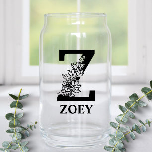 Floral Letter Z Monogram and Personalised Name Can Glass