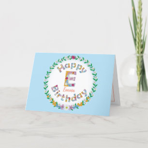 Floral letterE monogram Personalised Birthday Card