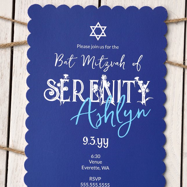 Floral Lettering, Blue Wild Flower Bat Mitzvah  Invitation (Unique blue bat mitzvah invitation with vintage botanical lettering, letters with wild flowers)