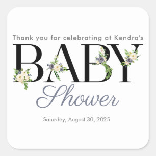 Floral Letters Blue & Cream Neutral Baby Shower Square Sticker
