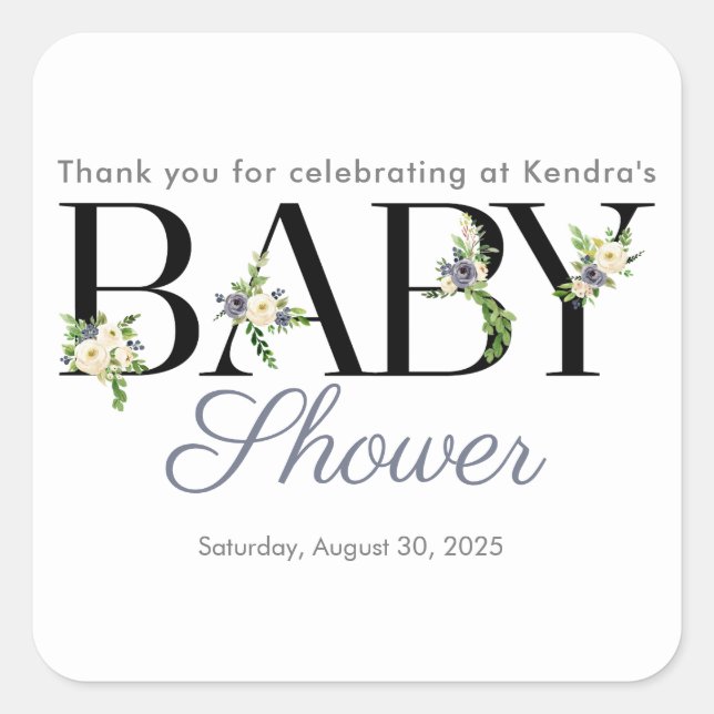 Floral Letters Blue & Cream Neutral Baby Shower Square Sticker (Front)