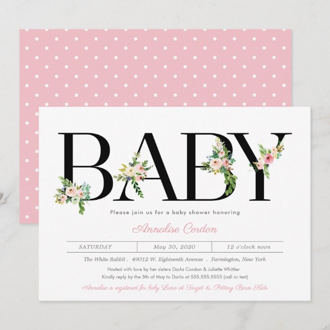 Floral Letters Pastel Pink Girl Baby Shower Invitation (Front/Back)