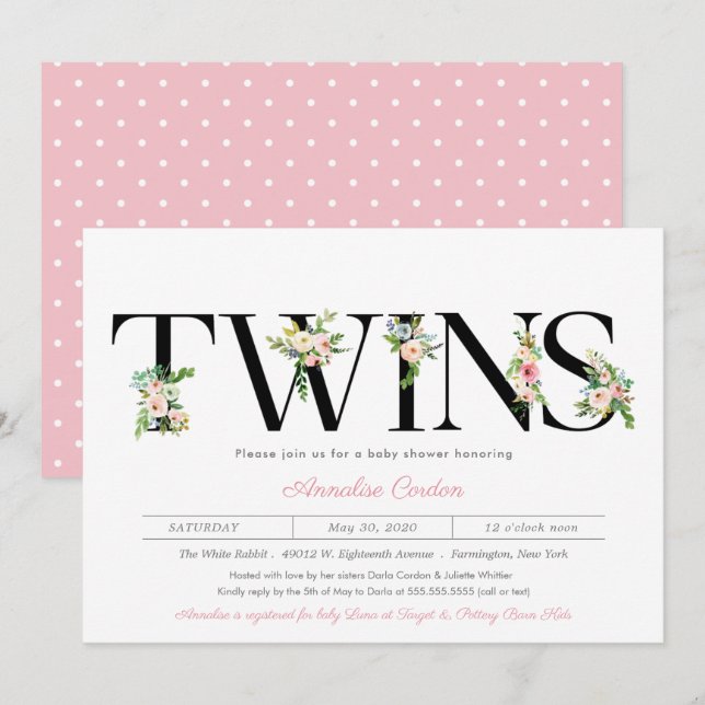 Floral Letters Pastel Pink Twin Girl Baby Shower Invitation (Front/Back)