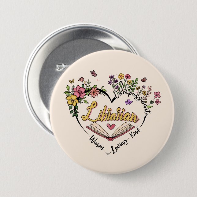 Floral Librarian Heart 7.5 Cm Round Badge (Front & Back)