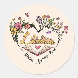 Floral Librarian Heart Classic Round Sticker