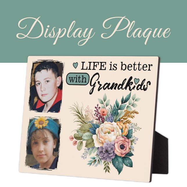 Floral life is better 2 photo Grandkids green Plaque (Creator Uploaded)