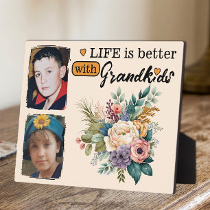 Floral life is better 2 photo Grandkids orange Plaque