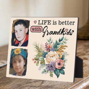 Floral life is better 2 photo Grandkids pink Plaque