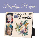 Floral life is better 2 photo Grandkids purple Plaque<br><div class="desc">Celebrate the joy of family with our beautiful floral display plaque! Featuring space for two cherished photos, this plaque is adorned with a vibrant floral design that adds a touch of elegance to any space. The heartfelt message, "Life is better with Grandkids, " is displayed in classic black text, making...</div>