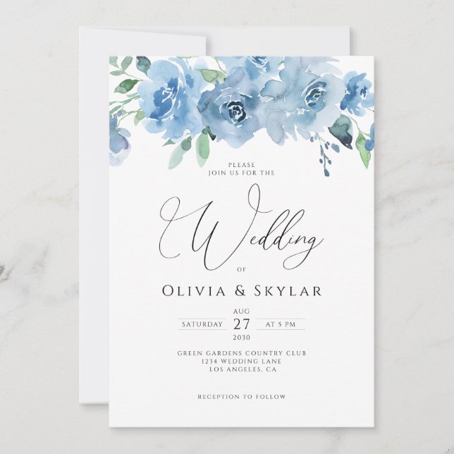 Floral Light Baby Blue QR Code All In One Wedding Invitation (Front)