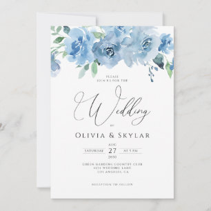Floral Light Baby Blue QR Code All In One Wedding Invitation