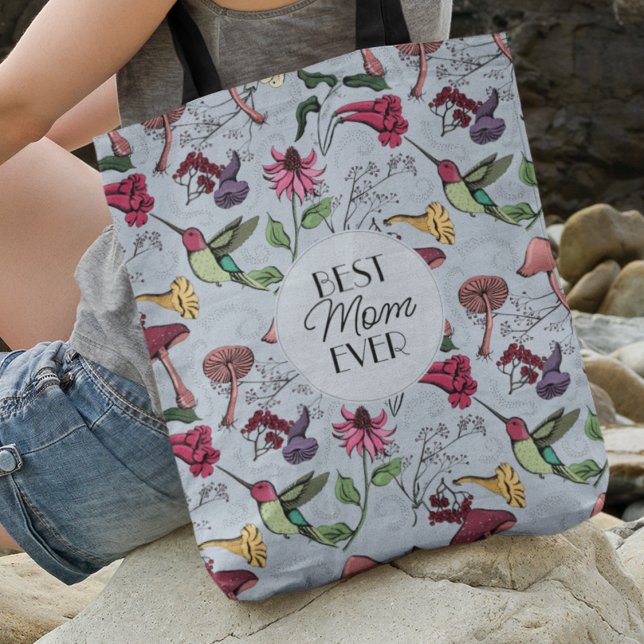 Floral Light Blue Hummingbird Garden Best Mum Ever Crossbody Bag (FRONT: Best Mom Ever Hand-Drawn Hummingbird, Flowers & Mushrooms
BACK: Photo & 2 Personalized Texts.)