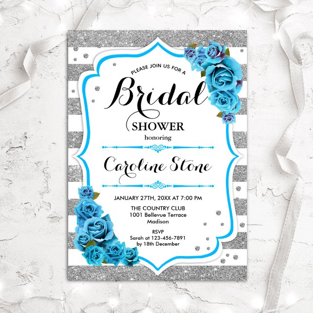 Floral Light Blue Silver Stripes Bridal Shower Invitation (Creator Uploaded)