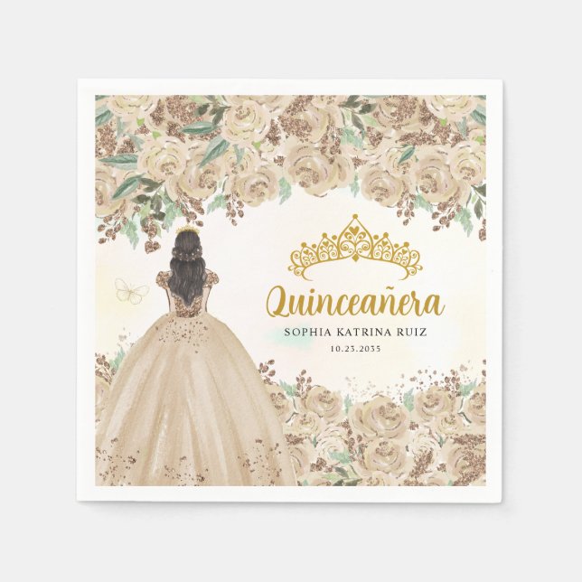Floral Light Gold Dress Princess Tiara Quinceanera Napkin (Front)