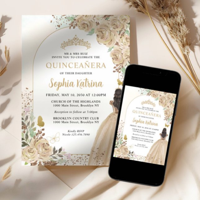 Floral Light Gold Princess Birthday Quinceanera Invitation (Creator Uploaded)