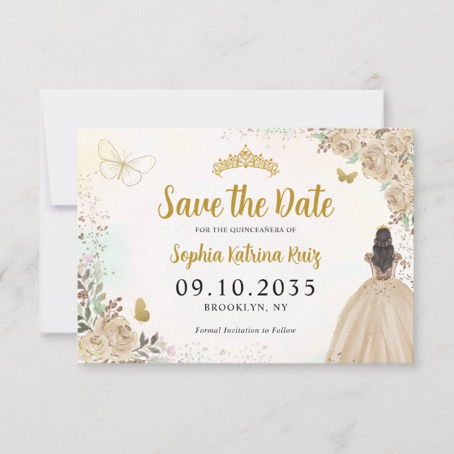 Floral Light Gold Princess Birthday Quinceanera Save The Date (Front)