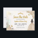 Floral Light Gold Princess Birthday Quinceanera Save The Date<br><div class="desc">Floral Light Champagne Gold Princess Gown Dress Glitter Sparkle Tiara Crown Butterfly 15th Birthday Quinceanera Save the Date</div>