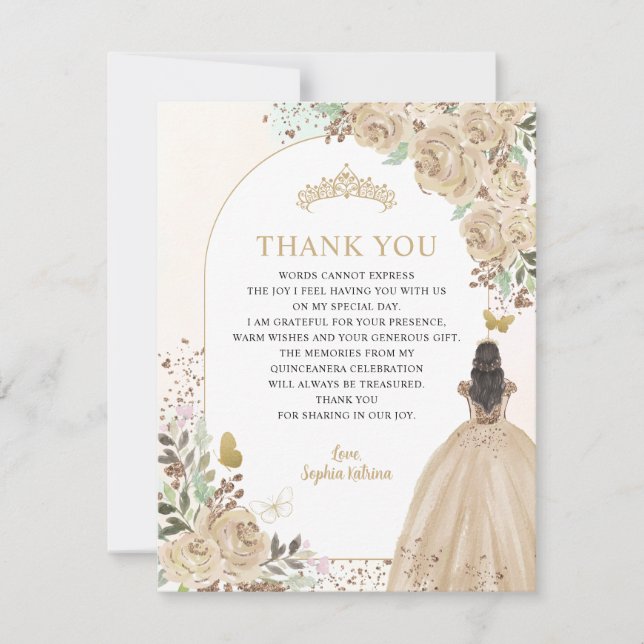 Floral Light Gold Princess Quinceanera Thank You Invitation (Front)