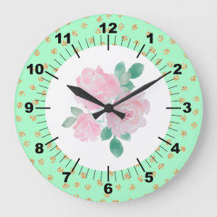 Floral Light Green & Gold Dots Large Clock
