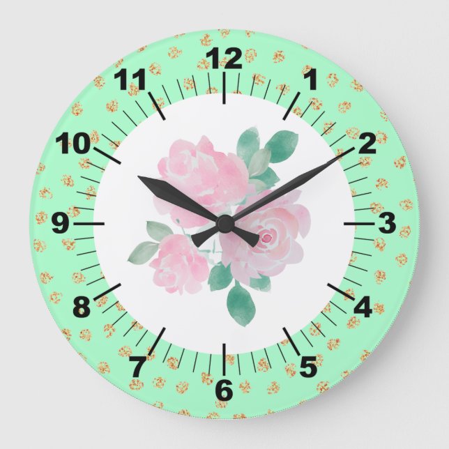 Floral Light Green & Gold Dots Large Clock (Front)