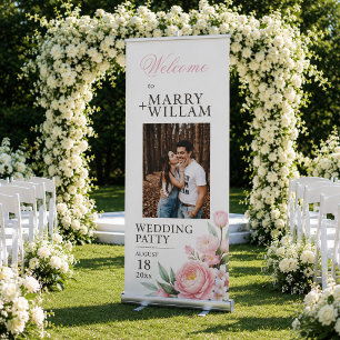Floral Light Pink Rosу Welcome Wedding Party  Retractable Banner