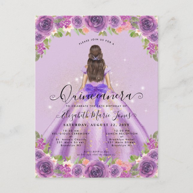 Floral Light Purple Gold Glam Princess Quinceanera Postcard (Front)