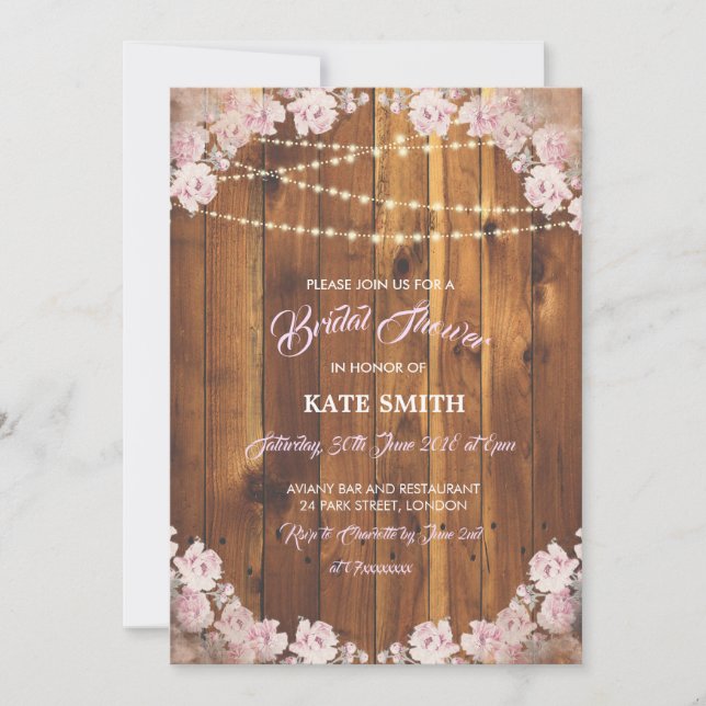 Floral Light Strings Wood Bridal Shower Invite (Front)