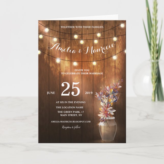 Floral lighting rustic wooden wedding invitation (Front)