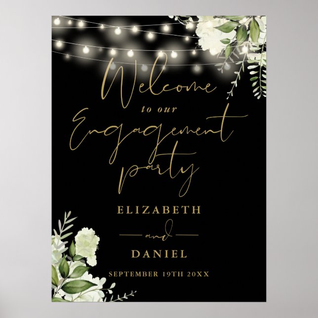 Floral Lights Gold Black Engagement Welcome Sign (Front)