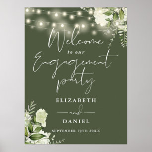 Floral Lights Olive Green Engagement Welcome Sign