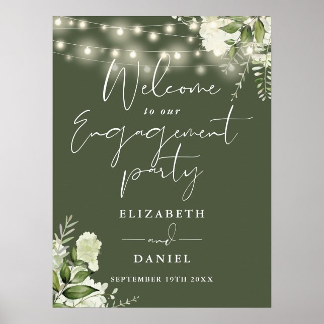 Floral Lights Olive Green Engagement Welcome Sign (Front)