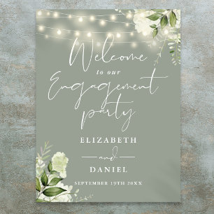 Floral Lights Sage Green Engagement Welcome Sign