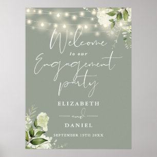 Floral Lights Sage Green Engagement Welcome Sign