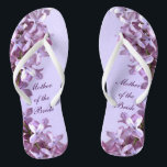 Floral Lilac Flowers Wedding Mother of the Bride Flip Flops<br><div class="desc">Lilacs are the theme of these elegant floral Mother of the Bride wedding flip flops with pink and mauve lilac flowers on a purple background.  The text can be customised for your special occasion.</div>
