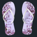 Floral Lilac Flowers Wedding Mother of the Bride Flip Flops<br><div class="desc">Lilacs are the theme of these elegant floral Mother of the Bride wedding flip flops with pink and mauve lilac flowers on a purple background.  The text can be customised for your special occasion.</div>