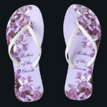 Floral Lilac Flowers Wedding Mother of the Groom Flip Flops<br><div class="desc">Lilacs are the theme of these elegant floral Mother of the Groom wedding flip flops with pink and mauve lilac flowers on a purple background.  The text can be customised for your special occasion.</div>