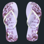 Floral Lilac Flowers Wedding Mother of the Groom Flip Flops<br><div class="desc">Lilacs are the theme of these elegant floral Mother of the Groom wedding flip flops with pink and mauve lilac flowers on a purple background.  The text can be customised for your special occasion.</div>