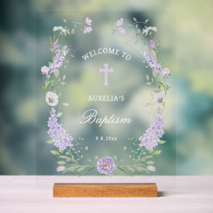 Floral Lilac Frame Baptism Welcome Acrylic Sign