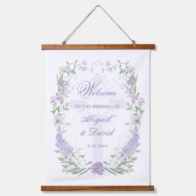 Floral Lilac Frame Religious Wedding Welcome Hanging Tapestry (Front)