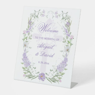 Floral Lilac Frame Religious Wedding Welcome Pedestal Sign