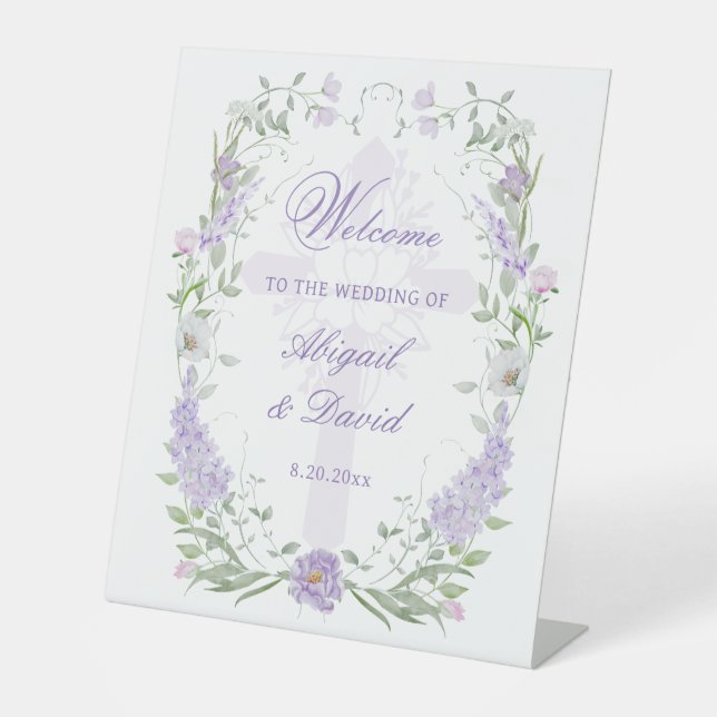 Floral Lilac Frame Religious Wedding Welcome Pedestal Sign (Front)