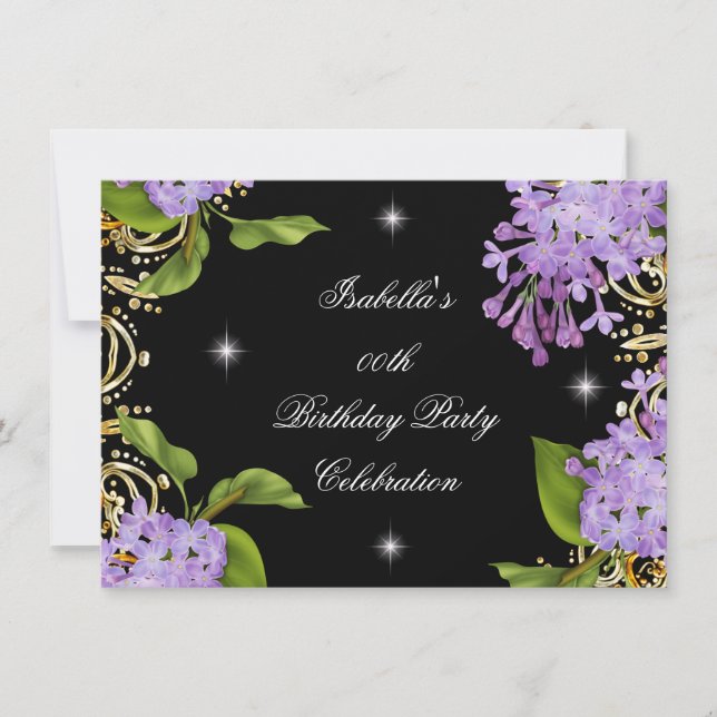 Floral Lilac Gold Black Elite Women's Birthday Invitation (Front)