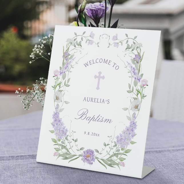 Floral Lilac Lavender Frame Baptism Welcome Pedestal Sign (Creator Uploaded)