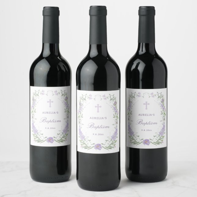 Floral Lilac Lavender Frame Baptism Wine Label (Bottles)