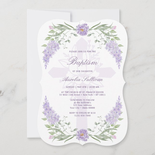 Floral Lilac Lavender Frame Holy Cross Baptism Invitation (Front)