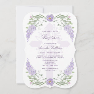 Floral Lilac Lavender Frame Holy Cross Baptism Invitation