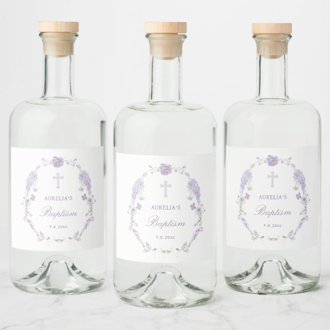 Floral Lilac Lavender Wreath Baptism Liquor Bottle Label (Bottles)