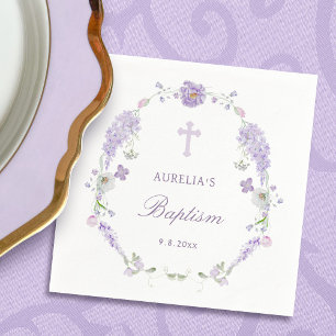 Floral Lilac Lavender Wreath Baptism Napkin