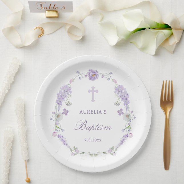 Floral Lilac Lavender Wreath Baptism Paper Plate (Wedding)