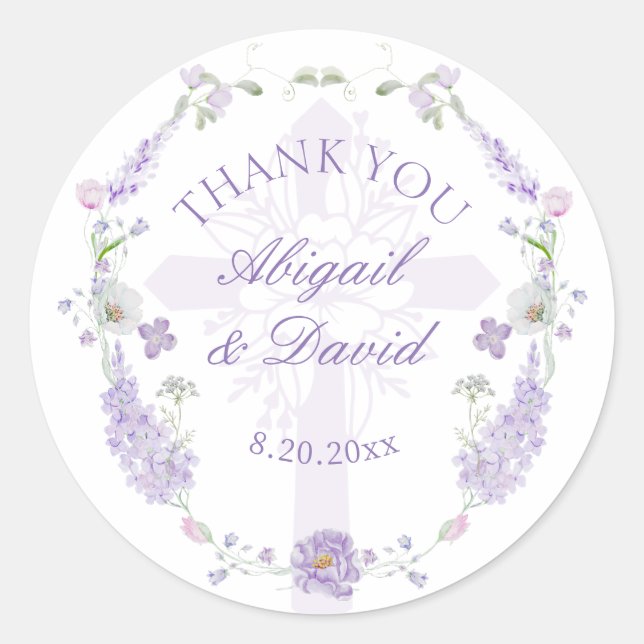 Floral Lilac Lavender Wreath Religious Wedding Classic Round Sticker (Front)